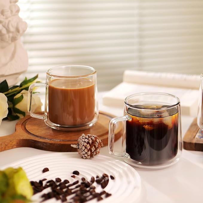 CNGLASS 15oz Double Walled Glass Coffee Mugs, Large Insulated Glass Mugs