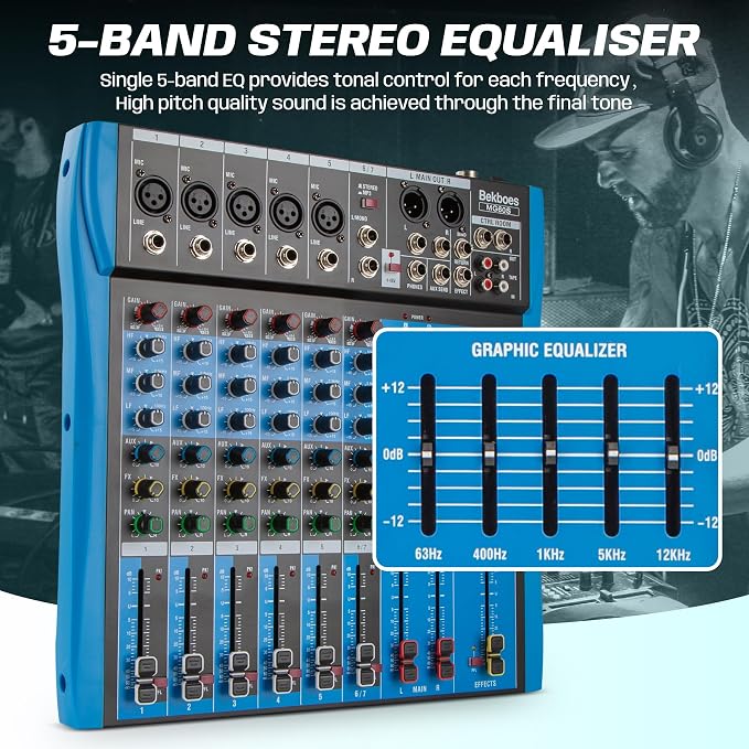 Professional Audio Mixer, 6 Channel, Input 48V Phantom Power Stereo Digital USB