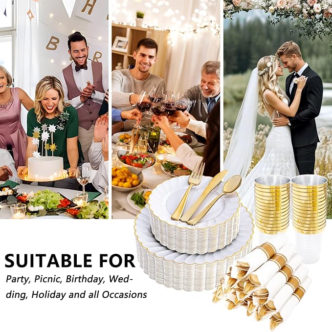 YOUBET 350PCS White and Gold Scalloped Plastic Plates