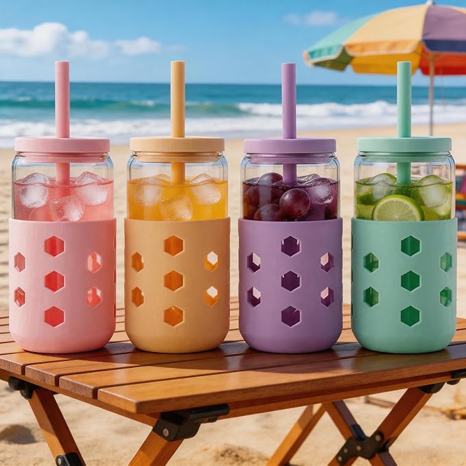 Mrsdry 20 oz Glass Cups with Lids and Straws