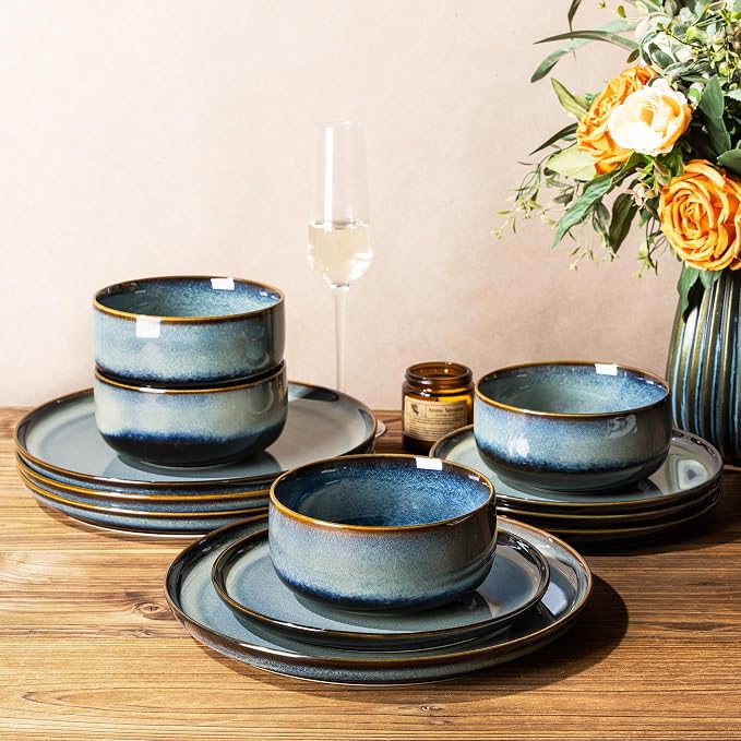 Ceramic Dinnerware Set for 4, 12-Piece Plates and Bowls Set | Handmade Reactive