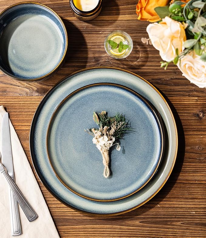 Ceramic Dinnerware Set for 4, 12-Piece Plates and Bowls Set | Handmade Reactive