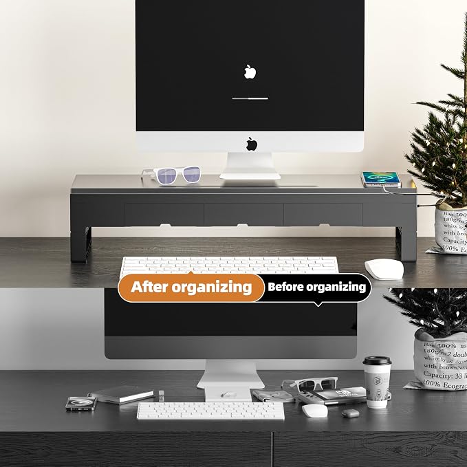 Computer monitor stand with three drawer ，22W charging, 2 USB 3.0, and 1 USB