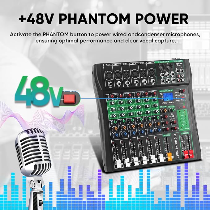 6 Channel Audio Mixer, Professional DJ Mixer Board Sound Music Mixing Console