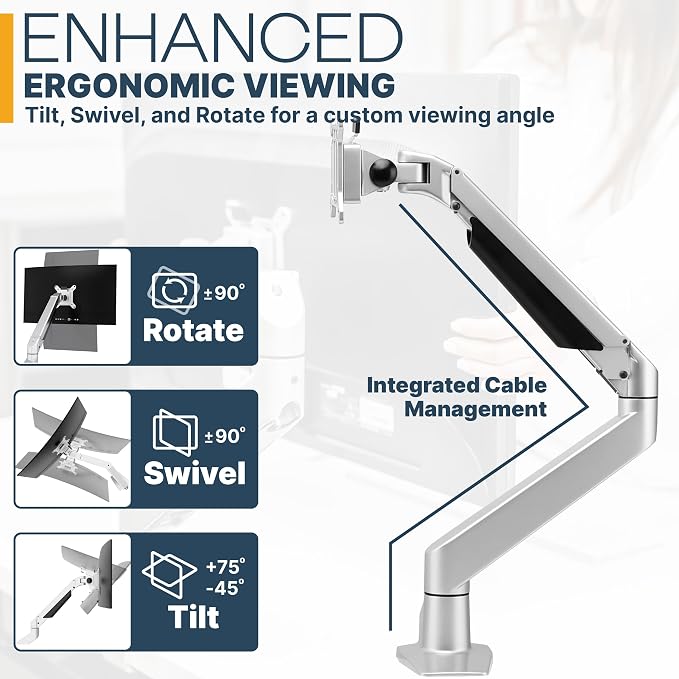 Premium Height Adjustable Single Monitor Arm Stand: Desk/Grommet Mount