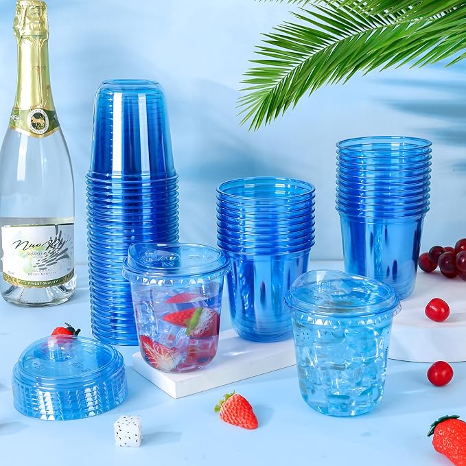 KesaPlan 50 Pack 12 oz Blue Round Bottom Plastic Party Cups