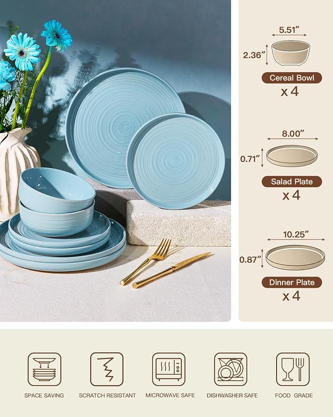 Dinnerware Set for 4, Ceramic Plates and Bowls, Ice Blue | 12 pcs Speckled