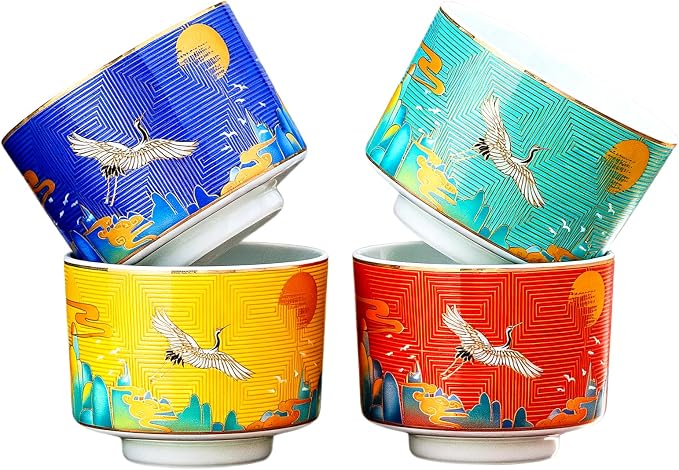 Chinese Tea Cups Set of 4, Crane Pattern Enamel Ceramic Cup, 4.3 oz | Handleless