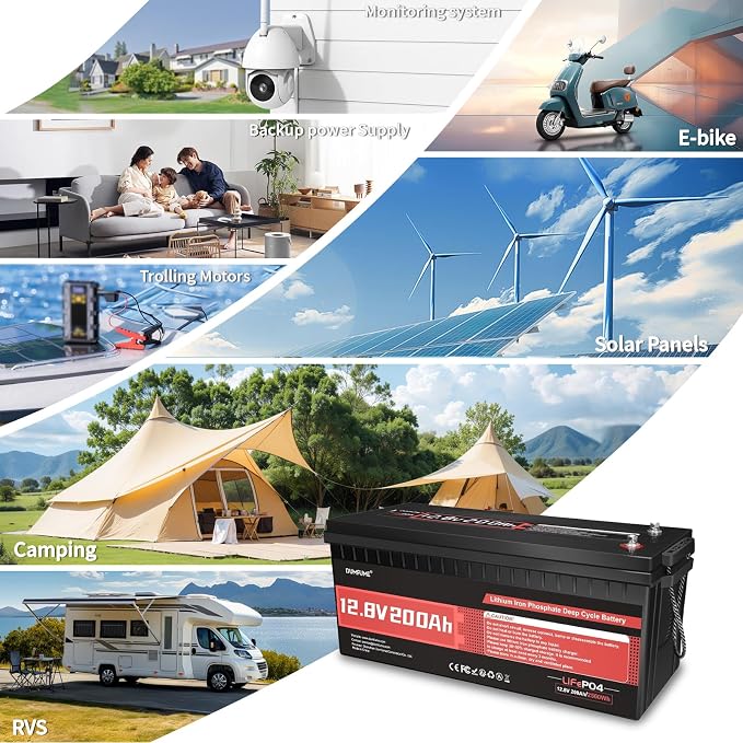 2 pack Dumfume 12V 200Ah LiFePO4 Lithium Battery, 2560Wh Energy, 1280W Load