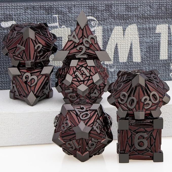 7PCS Metal DND Dice Set with Box, Debris RPG Red D and D Dice