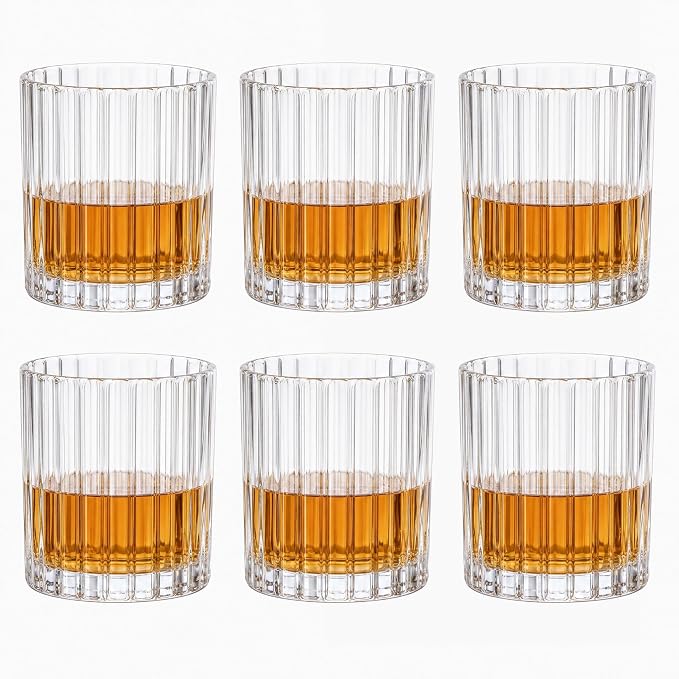10oz Ribbed Glass Cups Set of 6, Vintage Glass Tumblers