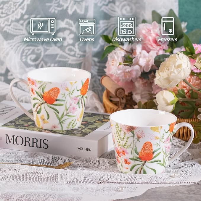 KAMMAK Bone China Coffee Mugs, 16oz Floral Tea Cups
