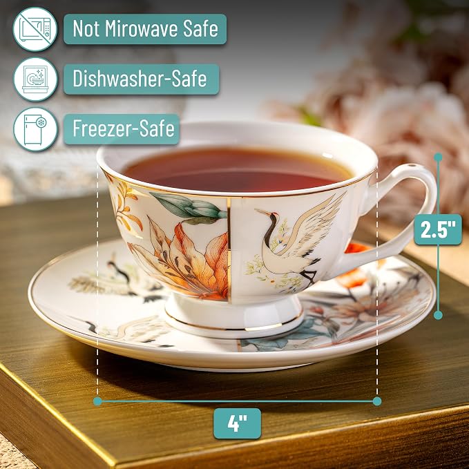 BTaT- Floral Tea Cups and Saucers Set of 4, Porcelain Tea Cup Sets