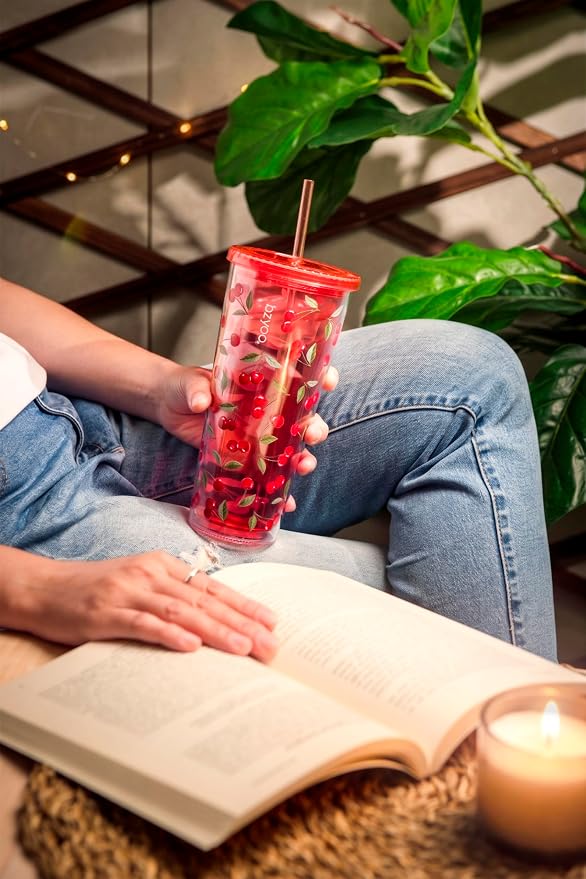 bzyoo 24oz Plastic Tumbler Cup, Lid & Straw, Iced Coffee Cherry Splash | Double
