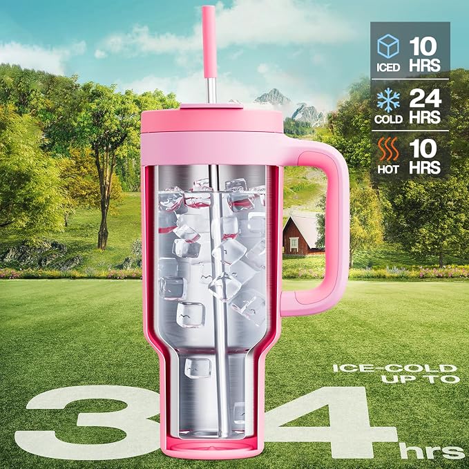 POWCAN 40 oz Tumbler with Handle, 2-in-1 Straw and Sip Lid, Dishwasher Safe