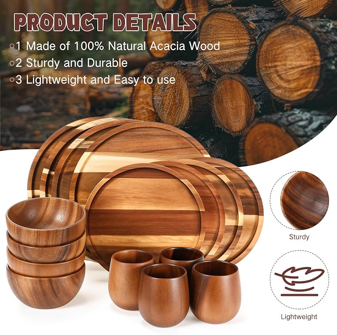 16 Pcs Acacia Wood Dinnerware Set, Round Wooden Plates, Solid Wooden Bowls and