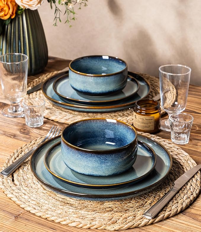 Ceramic Dinnerware Set for 4, 12-Piece Plates and Bowls Set | Handmade Reactive