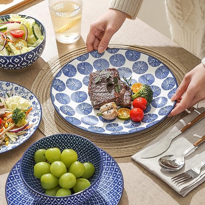 Selamica Ceramic Dinnerware Sets, Vintage Blue | Scratch Resistant Dishes set