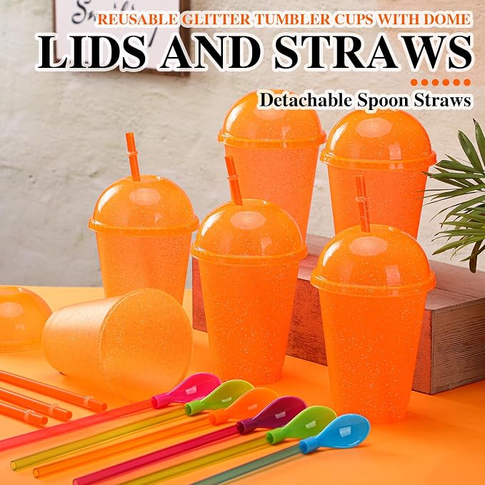6 Set Slushie Cups with Dome Lids and Straws Detachable Spoon Straws Reusable