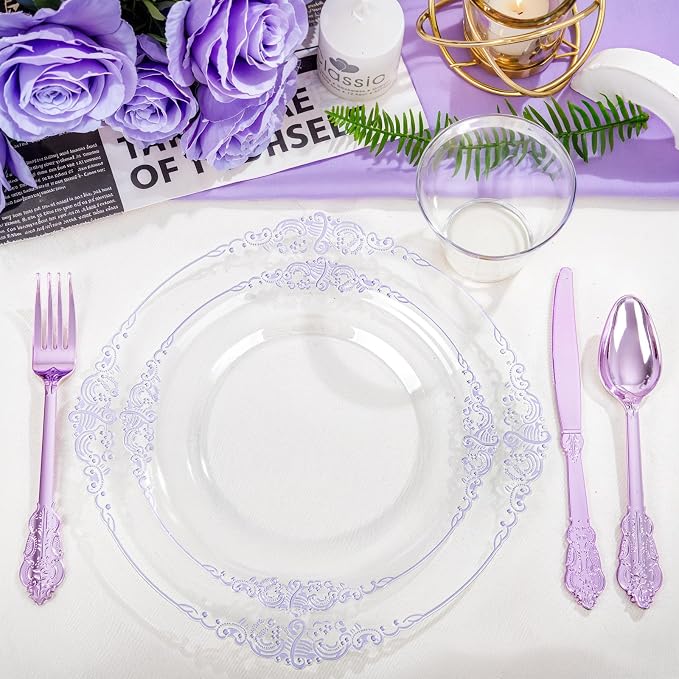 175 Pcs Clear Purple Plates for Party | Party Plates Set for 25 Guests