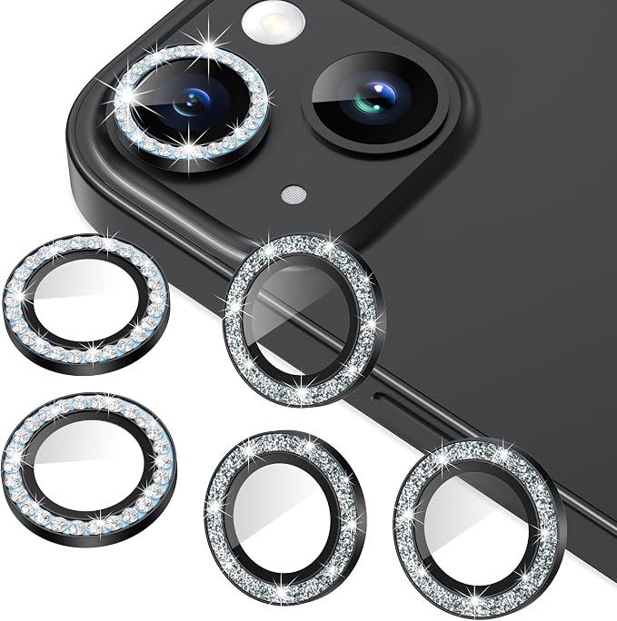 AGVEE 3+3 6 Pack for iPhone 15/15 Plus, Bling Diamond & Glitter Metal Ring 9H