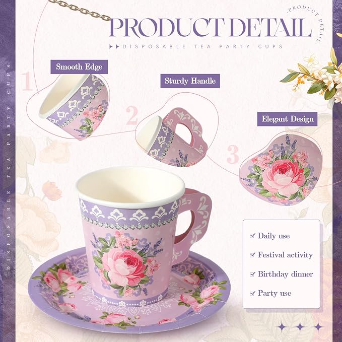 Nuogo 200 Pcs Floral Paper Tea Cups and Saucers 7 oz Disposable Paper Teacups