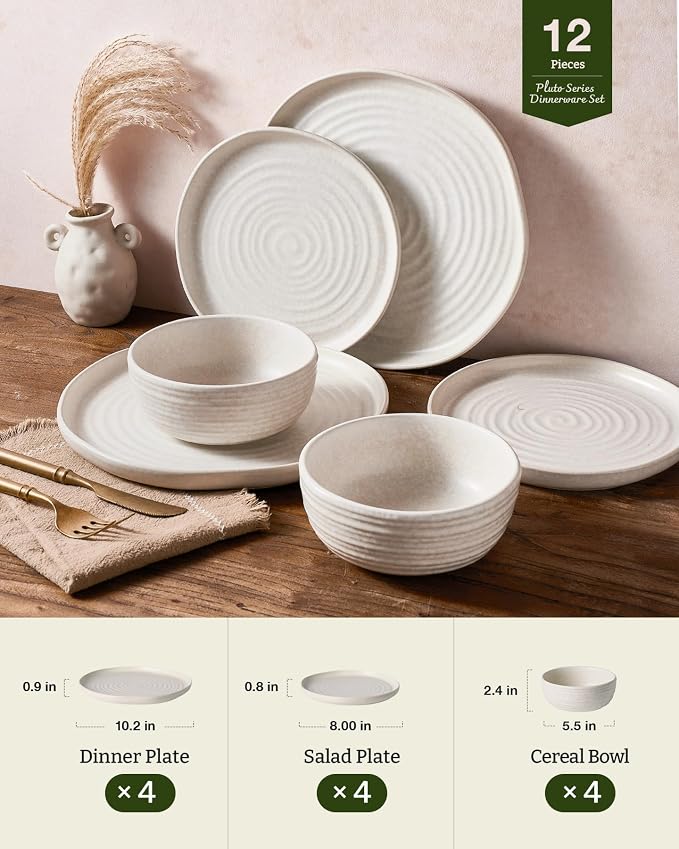Famiware Pluto 12-Piece Stoneware Dinnerware Set, Matte Beige White | Double