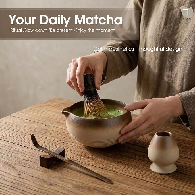 5-Piece Matcha Set，Matcha Bowl & 100-Prong Purple Bamboo Whisk | Rustic