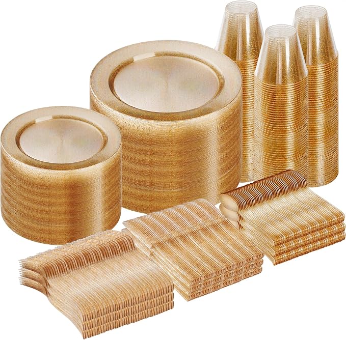 600 Piece Gold Glitter Disposable Plates