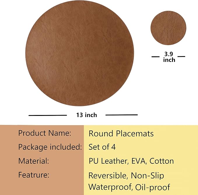 Jovono Embossed PU Leather Placemats, Waterproof Coffee Coasters, Kitchen Table