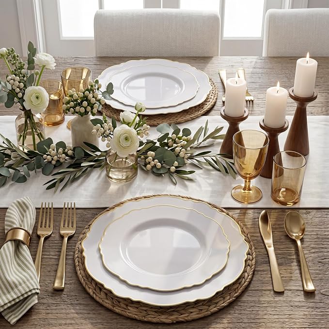 60pcs White and Gold Plastic Plates