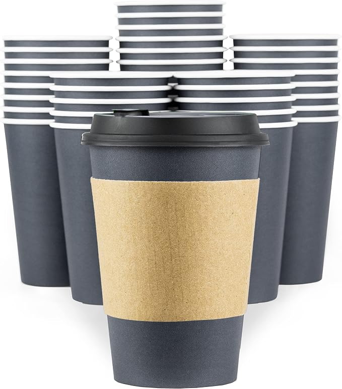 Disposable Coffee Cups With Lids and Sleeves, 12 oz