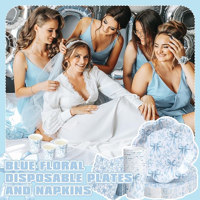 250 Pcs Blue Floral Disposable Paper Plates and Napkins | Bow Coquette