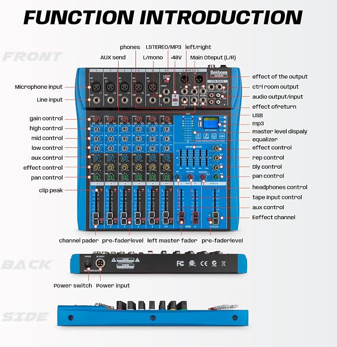 Professional Audio Mixer, 6 Channel, Input 48V Phantom Power Stereo Digital USB