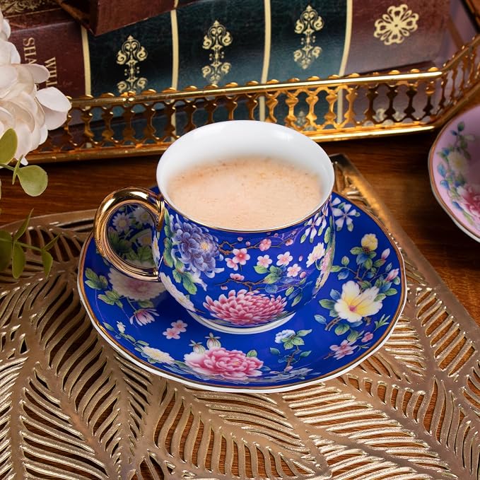 KAMMAK Tea Cup and Saucer, Ceramic Coffee Cups, 7.1 oz, Afternoon Tea and