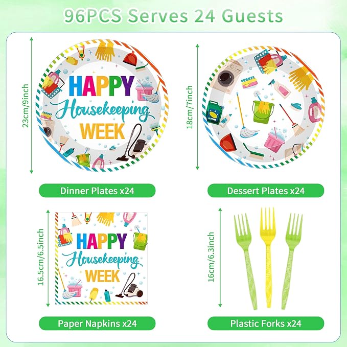 96Pcs Housekeeping Week Decorations, Cleaning Icons Plates Napkins Forks