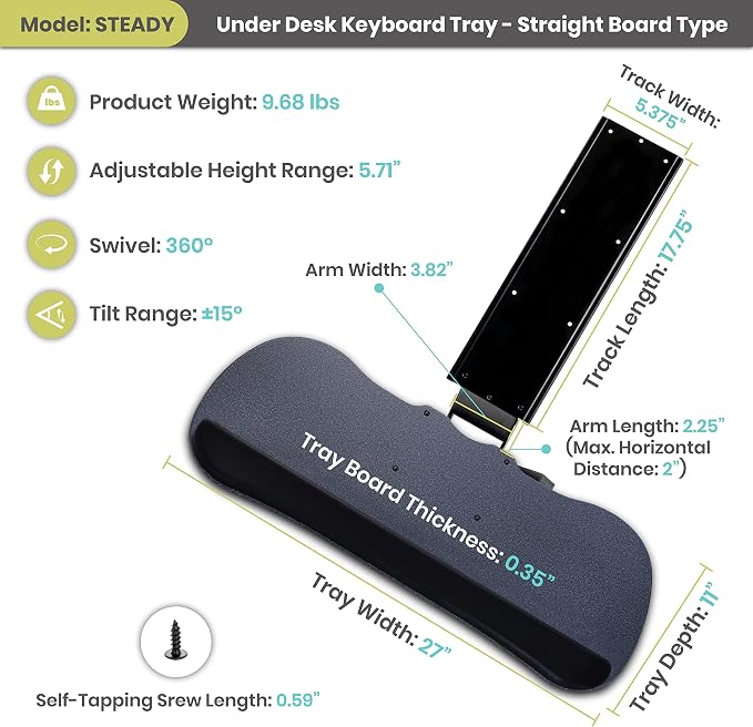 Under Desk Keyboard Tray, 17.75" Track, One Knob Control, Undermount Sliding