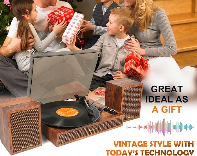 Vinyl Record Player with External Speakers, 3 Speed Bluetooth Turntable
