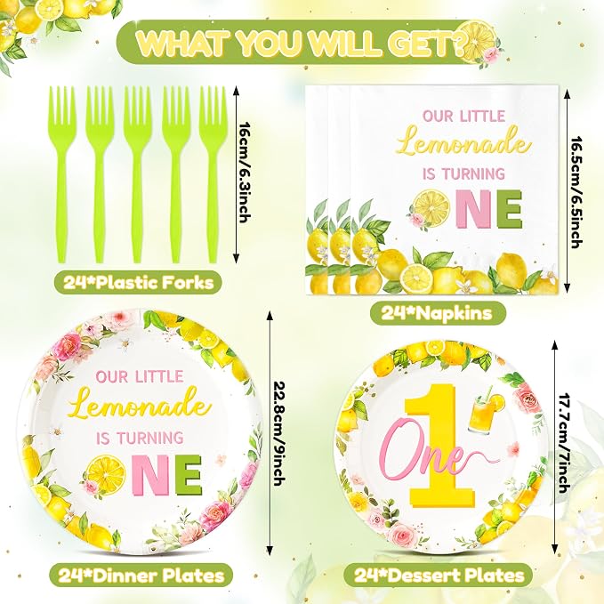 96Pcs Lemon 1st Party Plates Supplies Pink Yellow Our Little Lemonade Is