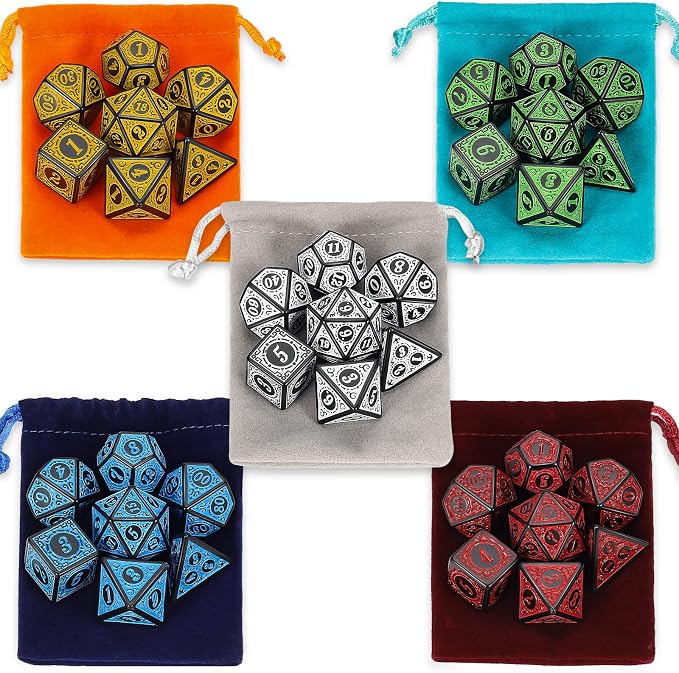 CiaraQ Polyhedral Dice with 5 Pouches, 5 Sets of Retro Dice