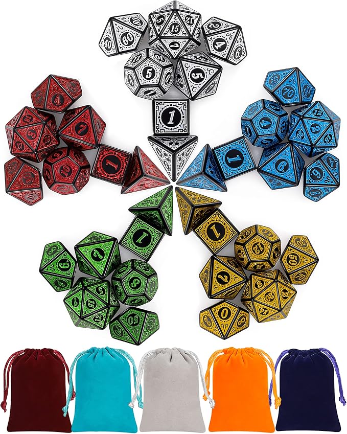 CiaraQ Polyhedral Dice with 5 Pouches, 5 Sets of Retro Dice