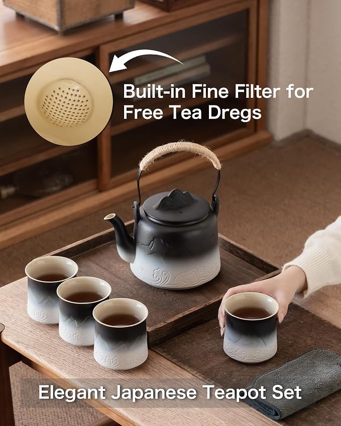 ZENS Japanese Tea Set with 4 Cups, 33.8oz Ceramic Infuser Pot