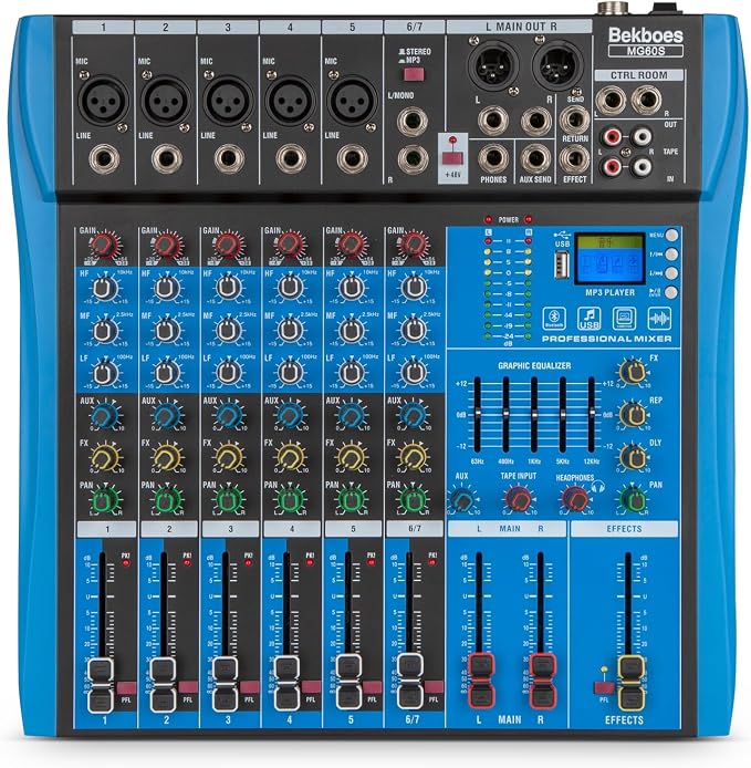 Professional Audio Mixer, 6 Channel, Input 48V Phantom Power Stereo Digital USB