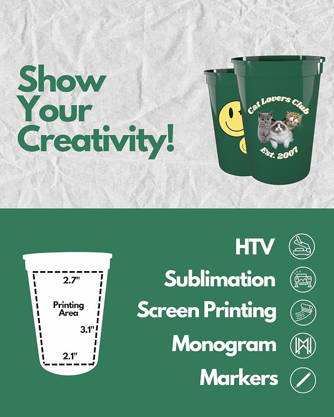 PartyPrints 100 Pack Small 10 to 12 oz Kelly Green Reusable Blank Plastic Cups