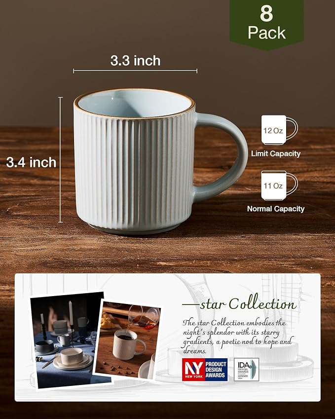 famiware Star Coffee Mug Set for 8, Handcrafted 12 oz Ceramic Stoneware Mugs