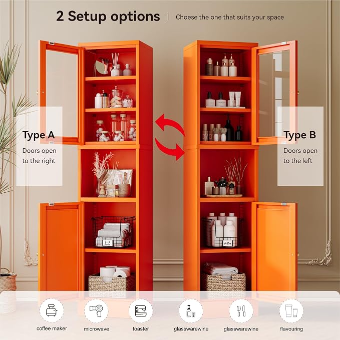 2-Door Metal Storage Cabinet, Tall Slim Pantry Organizer