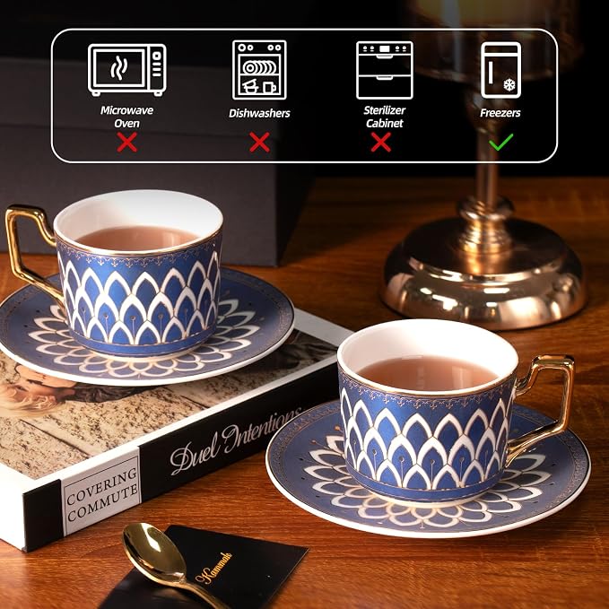 KAMMAK Tea Cups and Saucers Set of 2, Fine Bone China Coffee Cups, NX027 |