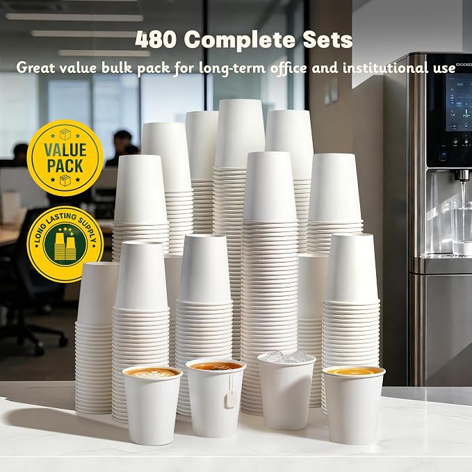 480 Pack 8 oz White Paper Cups, Disposable Coffee Cups