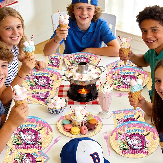 EUOYUFO 96Pcs Ice Cream Party Decorations Tableware Set Ice Cream Baseball Drip