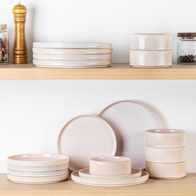 Ceramic Dinnerware Set for 4, 12-Piece Plates and Bowls Set | Lightweight
